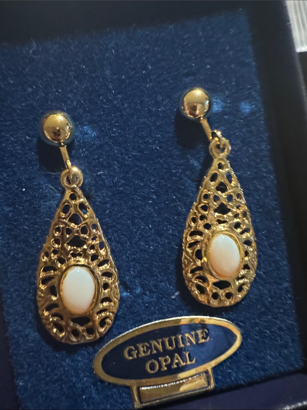 Vintage Ronté of Beverly Hills Genuine Opal Filigree Drop Earrings Gold Tone